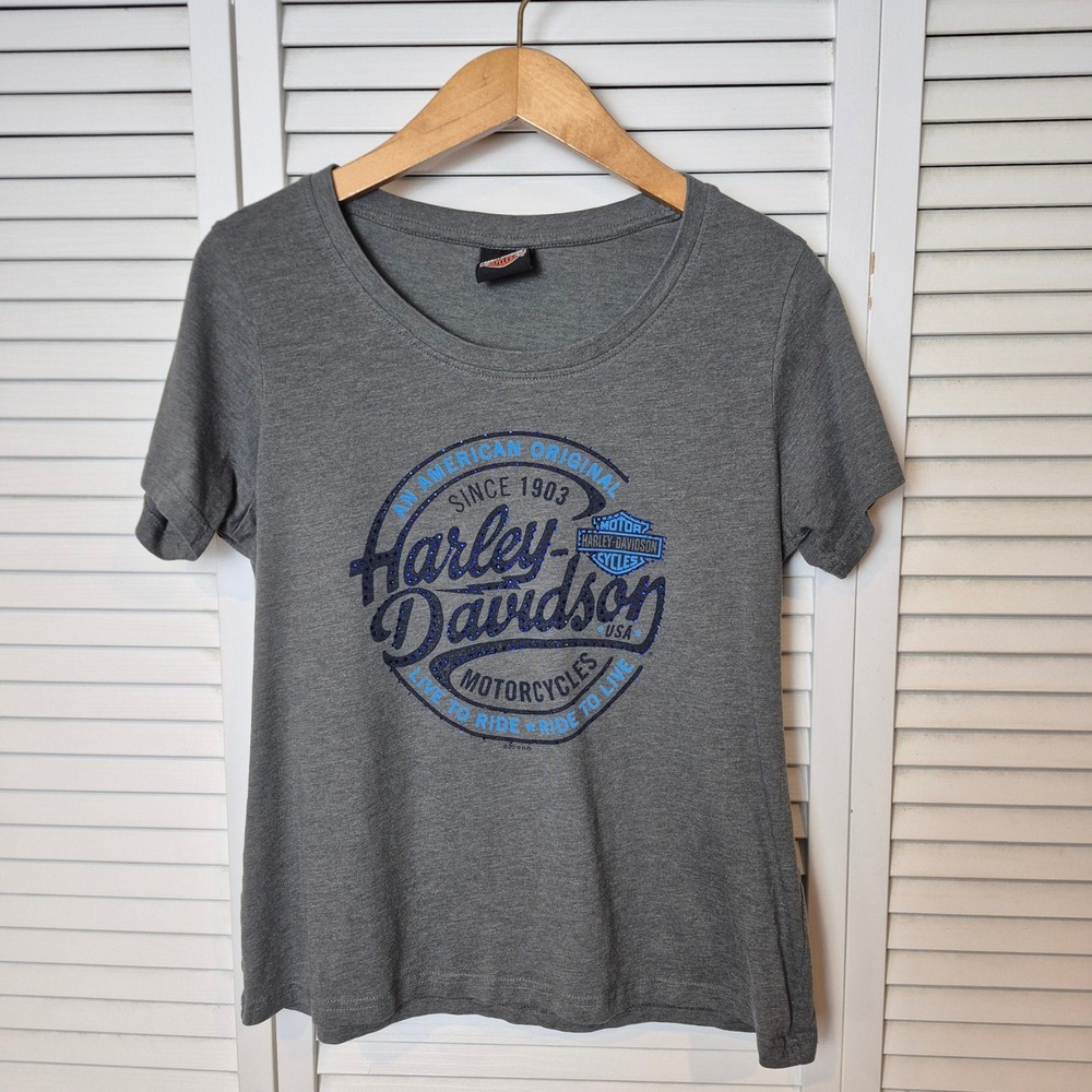 Harley Davidson Graphic T-Shirt Biker Tee Top Womens L Gray Blue Sparkles Bling